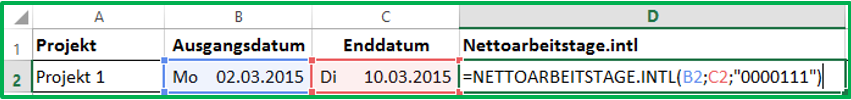 Excel Datum Beispiel für Differenz berechnen mit NETTOARBEITSTAGE.INTL unter Berücksichtigung eines individuellen Wochenendes