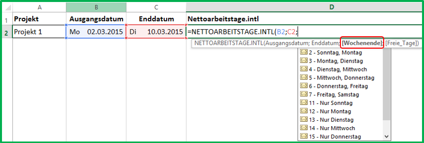 Excel Datum Differenz mit der Funktion NETTOARBEITSTAGE.INTL berechnen