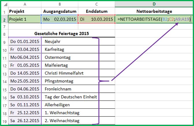 Excel Datum Differenz berechnen mit NETTOARBEITSTAGE unter Berücksichtigung weiterer freier Tage