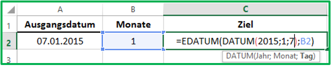 Excel Datum in die Funktion EDATUM eintragen mit Hilfe der Funktion DATUM